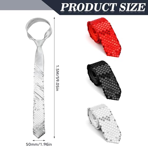 YNOYMO Lot de 3 cravates à paillettes pour homme - En soie - Avec élastique - Fermeture éclair - Pour le carnaval, les fêtes, la danse - Noir, rouge, blanc – vue 4