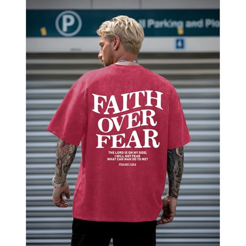 Image of Christian Faith Over Fear Shirt for Men Jesus Religious Shirts Oversized Graphic Tees Acid Wash God T-Shirt