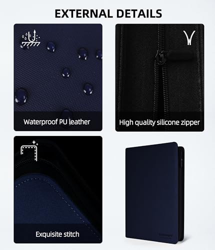 Image of Premium 16 Pocket Card Binder, Holds 1024 Cards for MTG TCG Sports Game Cards(Blue,16 Pocket) | Large-capacity side-loading binder with zipper. No-ring design holds 1024 cards in clear pockets.
