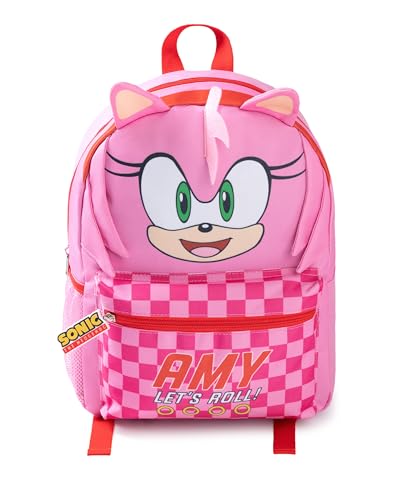 Sonic The Hedgehog Mochila rosa 3D de Amy Kids | Mochila escolar con el texto ¡Amy, vamos! | Cierre de cremallera | Bolsa para libros y loncheras | Mochila de Sonic