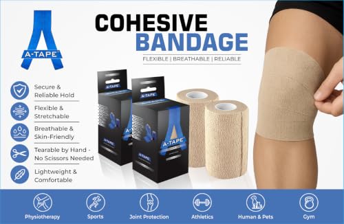 Image of A-Tape Breathable Self Adhesive Cohesive Bandage for Humans & Pets (Dogs, Cats, Birds) -Sports, Wrap, Athletic, Non Woven First Aid Medical, Wrist, Swelling (10 cm X 4.5 mtr) (Pack Of 6, Beige)