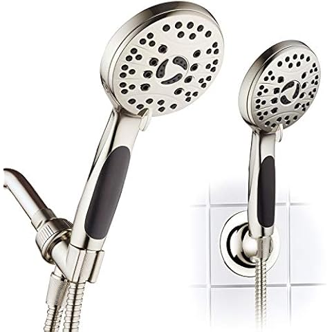 AquaSpa High Pressure 6-Setting Luxury Handheld Shower Head - 6 Foot Stainless Steel Hose - All Brushed Nickel Finish - Includes Extra Wall Bracket Cover