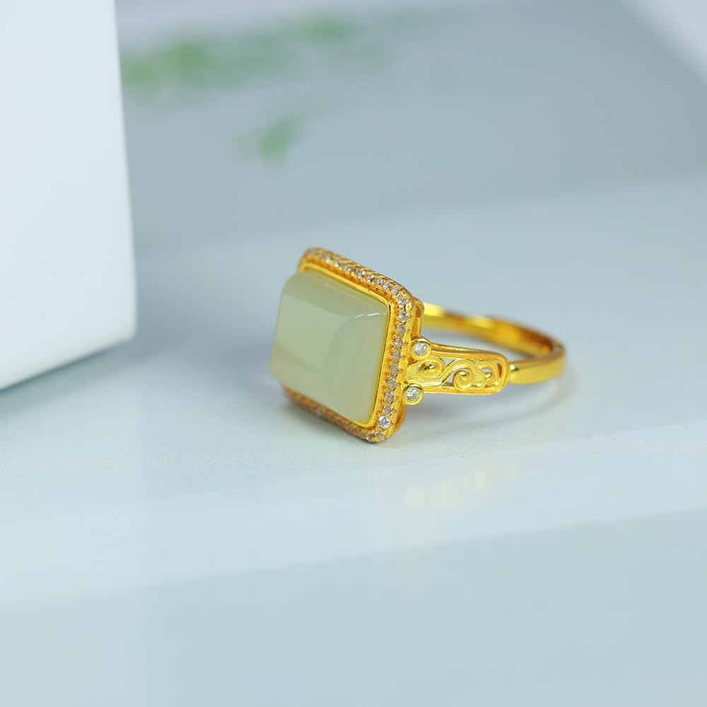 S925 Silver-Inlaid Natural Cyan White Jade Square Ring Opening Adjustable Including Certificate