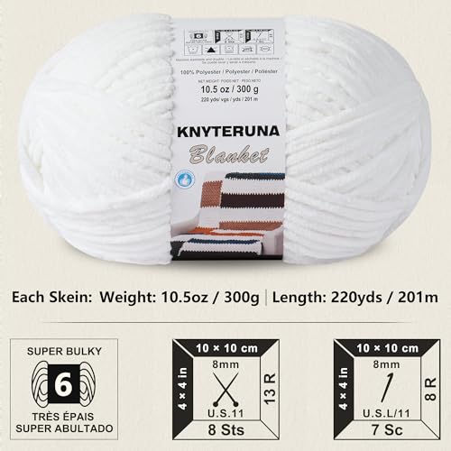 Image of #6 Super Bulky Blanket Yarn for Crocheting - 4 Skeins(Each 10.5oz /300g, 220yds /201m), Chunky Chenille Thick Plush Big Soft Yarn for Crocheting Knitting Blankets, Pure White