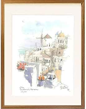 鈴木 新 絵画 水彩画 風景画 ギリシャ サントリーニ島 フレーム付 鈴木 新 絵画 水彩画 風景画 ギリシャ サントリーニ島 フレーム