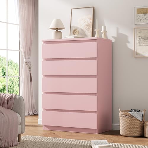 Orgobysol Pink 5 Drawer Dresser for Bedroom 15 D x 23.7 W x 40.4 H in Modern Chest of Drawers Wood Storage Dresser with Handleless Drawers for Kids Bedroom Living Room Hallway Entryway