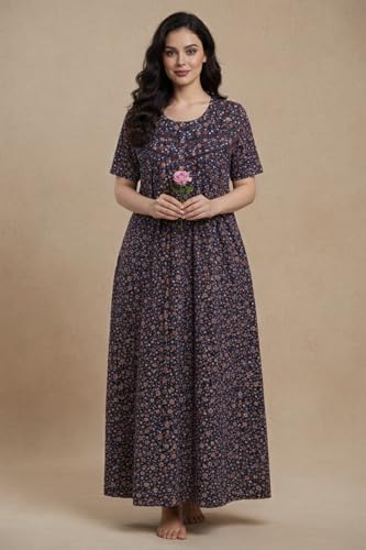Image of Bahumaan Cotton Nighty for Women Full Length Stylish | Floral Print Cotton Maxi Dress for Women with Pocket | Sleepwear Gown for Women