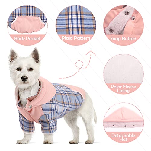 Ikipuko Dog Winter Coat, Dog Fleece Jacket Dog Coat With Harness Hole Dog Hoodie With Hat Plaid Warm Dog Coat For Large Medium Small Dogs Puppy Hoodie Hooded Cold Weather Clothes(Pink Blue,S) #TOP3