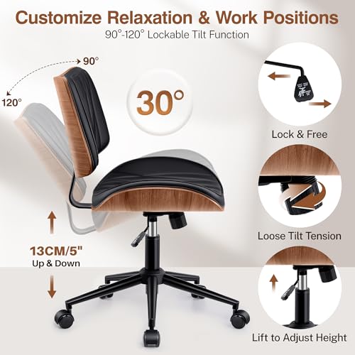 Image of Ergonomic Armless Office Desk Chair - Mid-Century Modern Black Faux Leather with Diamond Stitch, Adjustable Height Swivel Rolling Task Computer Chair with Walnut Accent for Home Office, Study & Work