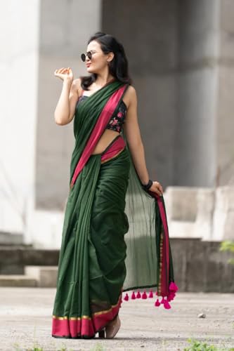 Image of Sudip callection Handloom Mul Cotton Saree for Women - Bottle Green with Pink Border Golden Zari Line & Tassel Pallu