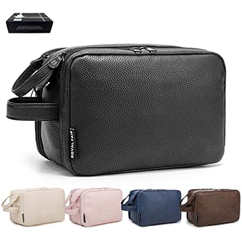 ROYALFAIR Travel Toiletry Bag, Leather Cosmetic Bag for Women and Men, Water-resistant Bathroom Bag, Large Capacity Hygiene Bag (Black) Cover
