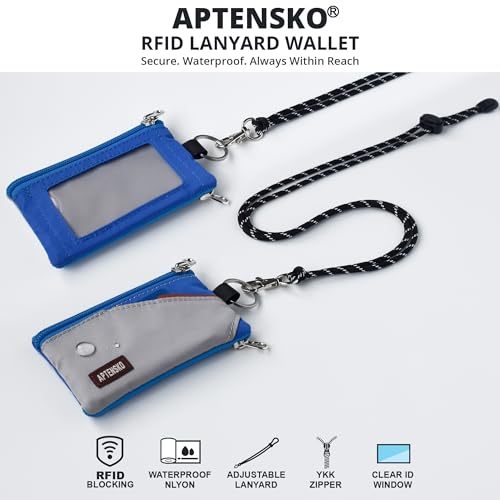 Image of RFID Blocking Travel Wallet with Adjustable Lanyard, Small Nylon Zipper Pouch and Badge Holder for ID, Credit Cards, Cash, Keys, Commuters (Grey+Blue)