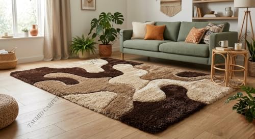 Image of Tauhid Carpet Super Soft Microfiber Shaggy Area Rug Modern Abstract Beige Brown & Cream Plush Carpet | Fluffy Floor Rug for Living Room, Bedroom 4x6 Feet.