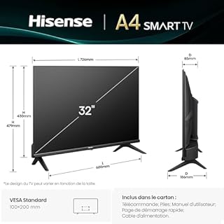 Hisense Téléviseur connecté 32 Pouces 32A4Q - Full HD 60Hz, Mode Sport IA, Dolby Audio, VIDAA OS avec Youtube, Netflix, Canal +(Modele 2025)