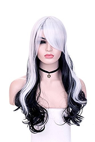 TLT Black And White Curly Wig - New Fashion Glamour Women's Long Curly Heat Resistant Wigs with A Free Wig Cap BU065W