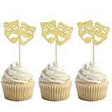 24 PCS Theatrical Mask Cupcake Toppers Gold Glitter Comedy Movie Night Cupcake Picks Film Festival Theme Birthday Party Cake Decorations Supplies