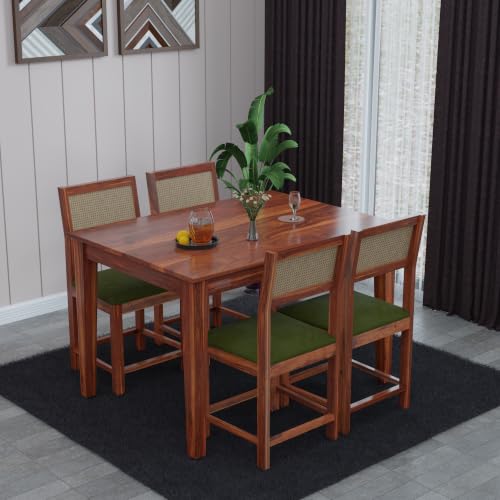 Image of DRIFTINGWOOD Amber Solid Sheesham Wood 4 Seater Dining Table Set with Rattan Back Chairs | Green Velvet Cushioned Seating for Home & Dining Room (Honey Finish, DIY)