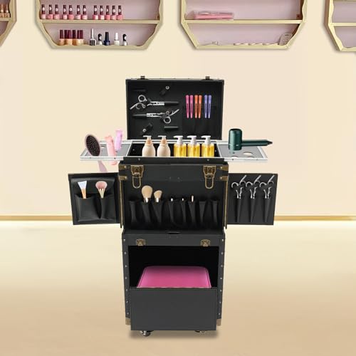 Image of Professional Hairdressing Case, Rolling Hairdressing Tool Box, Multi-functional Cosmetic Trolley with Combination Locks and Keys, Makeup Train Case for Salon Makeup Beauty (Black)