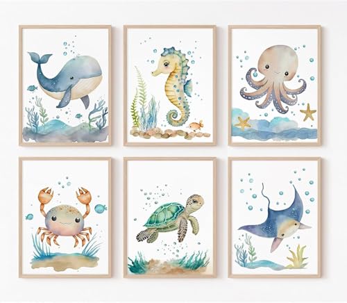 Image of Wodkwq Nursery Wall Art Sea Animal Canvas Prints Baby Girl Boy Room Decor Watercolor Paintings Pictures Cute Ocean Theme Toddler Room Decoration Set of 6 for Kids Bedroom Bathroom 8x10in Unframed