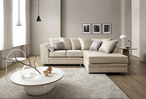 Abakus Direct Right Hand Corner Sofas for Living Room - Stylish Chicago L Shaped Sofa with Water Repellent Velvet Fabric | Contemporary Chaise Lounge Sofa Corner in Cream | 212Wx164Dx78H