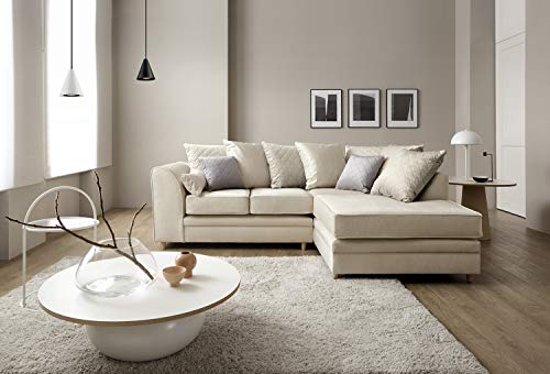 Abakus Direct Right Hand Corner Sofas for Living Room - Stylish Chicago L Shaped Sofa with Water Repellent Velvet Fabric | Contemporary Chaise Lounge Sofa Corner in Cream | 212Wx164Dx78H