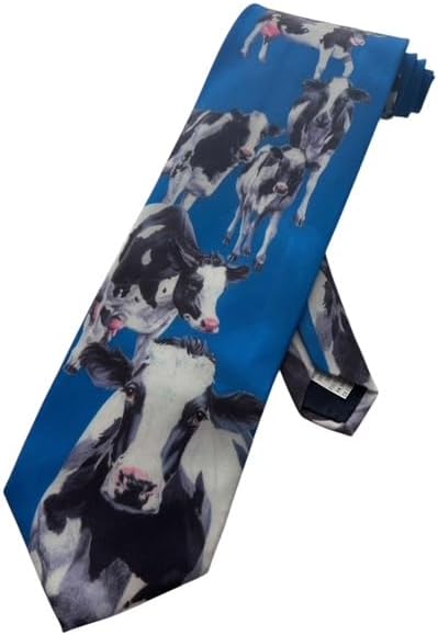 Men’s Cow Necktie – Farm Animal Tie with Cows on Royal Blue Background – Novelty Agriculture-Themed Neck Tie for Farmers, Ranchers, or Animal Lovers