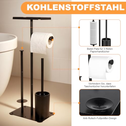 Toilettenpapierhalter Stehend & WC-Bürstengarnitur - Rostfreier Metallständer mit Einfacher Montage, Platzsparende Klopapierhalter & Bürstenhalter Kombi (Schwarz Matt)