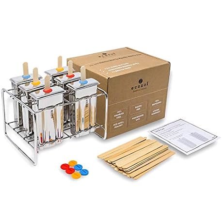 Ecozoi Stainless Steel Popsicle Molds and Rack - 6 Square Ice Pop Makers + 30 Reusable Bamboo Sticks + 12 Silicone Seals + 1 Cleaning Brush +1 Rack