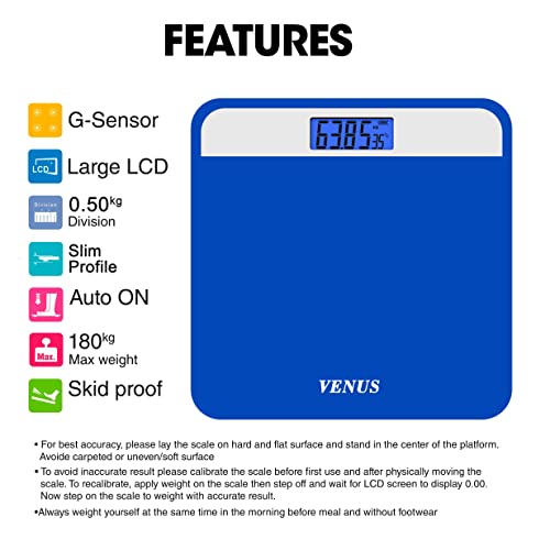 Image of Venus (Made in India) Electronic Digital Personal Bathroom Weight Machine For Body Weight Upto 180 Kg Weighing Scale With 24 Months Warranty, Blue
