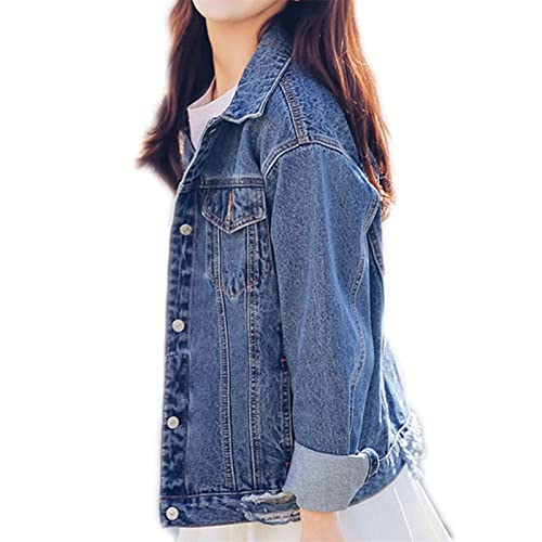 Saukiee Oversized Denim Jacket Distressed Boyfriend Jean Coat Jeans Trucker Jacket for Women Girls Blue M