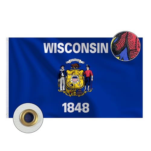 Bradford Embroidered Wisconsin State Flag 3x5 feet Outdoor Heavy Duty WI Wisconsin Flags State of Wisconsin Flag with 2 Brass Grommets for Outsides Long Time Use