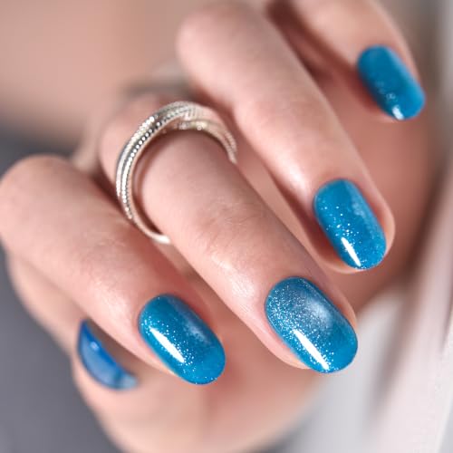 Image of CurvLife Short Oval Press On Nails, Blue, Lagoon Glow, Soft Gel