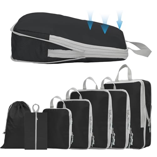 YYDSLEE Sac Compression Voyage Packing Cube 7-pièces Sacs à vêtements Cubes d'emballage Sacs à vêtements Set Organisateur de valise Cubes de voyage Accessoires Camping d'emballage Rangement Sacs(Noir)