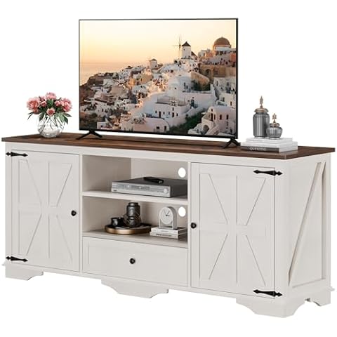 Aowos 59'' Farmhouse TV Stand for Tvs Up to 65" with Media Storage and Adjustable Shelves for Living Room (Ivory) Cover
