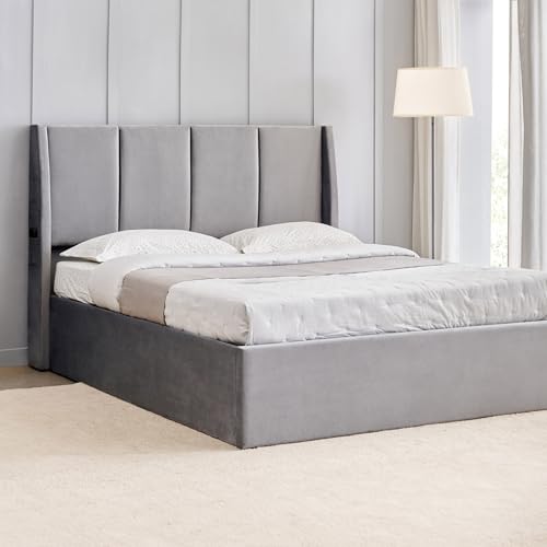 Image of Home Centre | Helios Bravo Aden King Size Bed with Hydraulic Storage | Engineered Wood | Grey | 1 Year Warranty