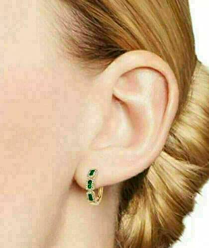 Dazzle Touch Huggie Hoop Earring 14K Yellow Gold Finish 2.00Ct Round Cut Green Emerald & White Diamond Snap Closure Earrings (Rose Gold Plated) #TOP1