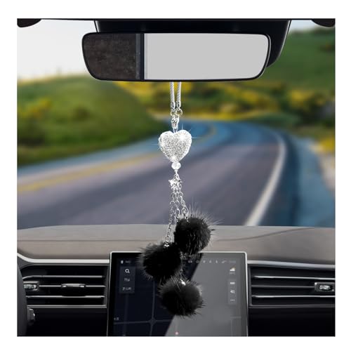 Dickno Bling Car Hanging Ornament, Cute Love Heart and Pink Plush Ball Rear View Mirror Pendant for Women Girls, Crystal Auto Rearview Mirror Charm Decor Accessories for All Vehicles (Black)