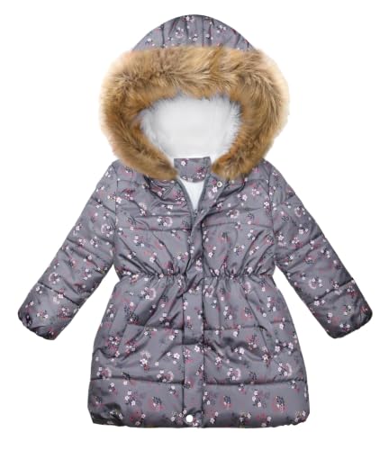 Image of Girl's Winter Coat Jacket Hooded Kids Toddler Flower Print Parka Outwear Warm Cotton Puffer Hooded Jacket