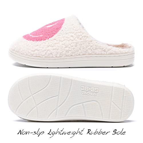 Aiminuo Women's Men's Retro Preppy Happy Face Slippers Comfy Warm Plush Slip-On House Slipper For Winter Indoor Soft Cushion Non-Slip Fluffy Slides Slippers White-Pink 9.5-10.5 Women/9-10 Men #TOP5