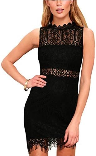 Women's Summer Cocktail Lace Dresses Elegant Sleeveless Casual Formal Wedding Party Bodycon Mini Dress Above Knee Length High Neck Dress Black US6