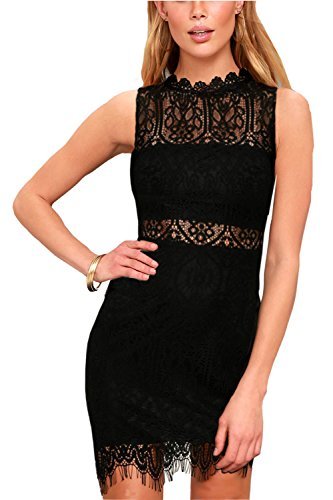 Women's Summer Cocktail Lace Dresses Elegant Sleeveless Casual Formal Wedding Party Bodycon Mini Dress Above Knee Length High Neck Dress Black US6