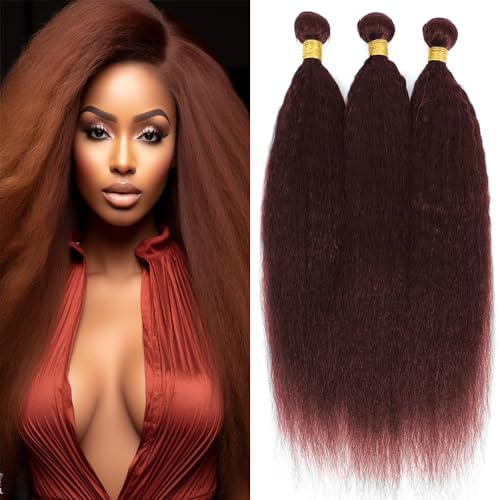 Color #33 Bundles Human Hair Reddish Brown Yaki Straight Bundles Human Hair Red Brown Kinky Straight Bundles Double Weft Brazilian Remy Hair Extensions Soft and Silky (22 24 26 Inch 3 Bundles)