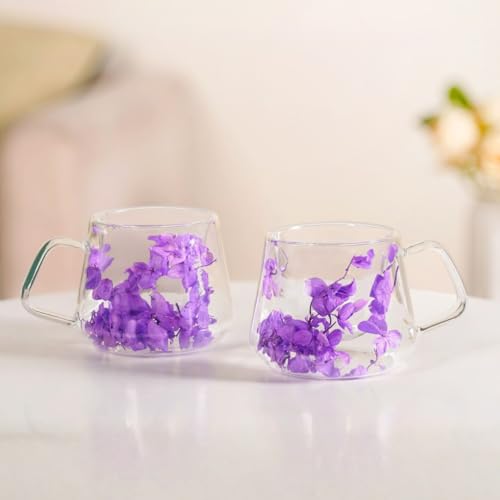 Image of Nestasia Double Wall Glass Mug with Dried Flowers Set of 2 (180ml Each) - Transparent Borosilicate Floral Glass Tea Cups | Lightweight & Durable Coffee Mugs - Perfect for Gifting (Purple)