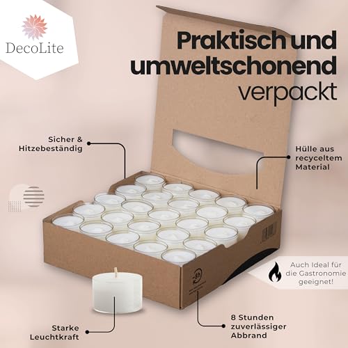 DecoLite:50 Teelichter 8 Stunden Brenndauer | 100% made in Germany | Hohes Teelicht mit transparentem Becher