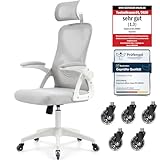 Ergoreal Ergonomischer Mesh‑Bürostuhl für Home Office, mit Verstellbarer Lendenstütze & 2D‑Kopfstütze, klappbare Armlehnen, leise PU‑Rollen, stabile Gasfeder Klasse 3, bis 150 kg(grauweiß)