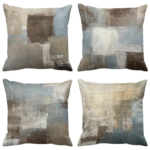 Taysta Set of 4 Linen Throw Pillow Cover Case Grey and Beige Abstract Art Painting Decorative Pillow Cases Covers Home Decor Square 20x20 Inches Pillowcases