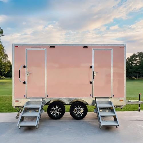 Luxury Portable Restroom Trailer - Flushing Toilet Trailer with Air Conditioning and Running Water for Weddings and VIP Events, Multi Stall Portable Bathroom with Sinks and Mirrors