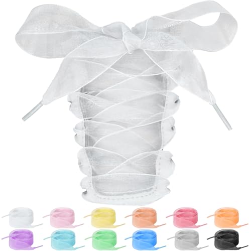 Lacesgian 3/4'' (2cm) Wide Sheer Ribbon Shoe Laces for Women Girls, Organza Tulle Flat Shoelaces