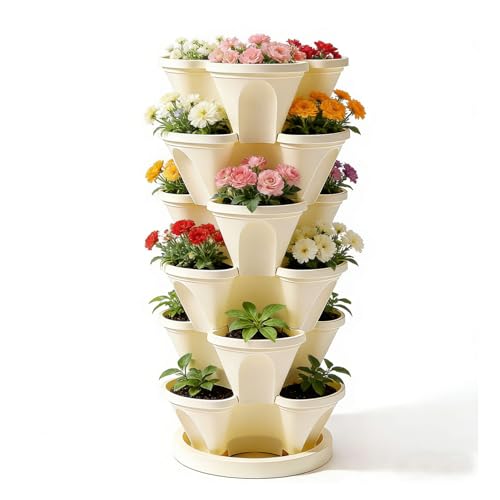 Roixeeds 6 Tier Vertical Garden Planter, Stackable Strawberry Planter with Drainage, Vertical Herb Garden for Indoor Outdoor, Stacking Flower Pot for Vegetables, Beige
