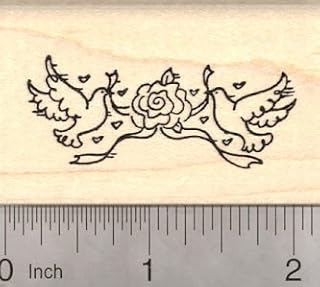 Wedding Rubber Stamp, Dove Pair with Floral Garland and Hearts
